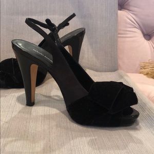 Black satin and velvet platform heels